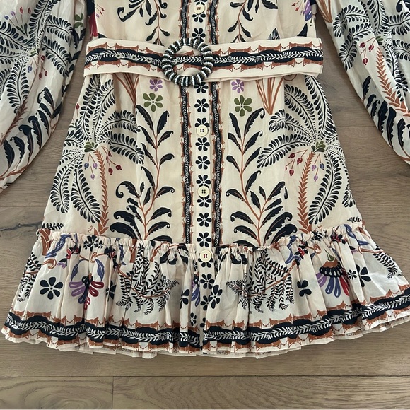 FARM RIO Nature Mini Dress Romantic Bead Belt Maximalist Puff Beige Size Medium - Picture 6 of 16